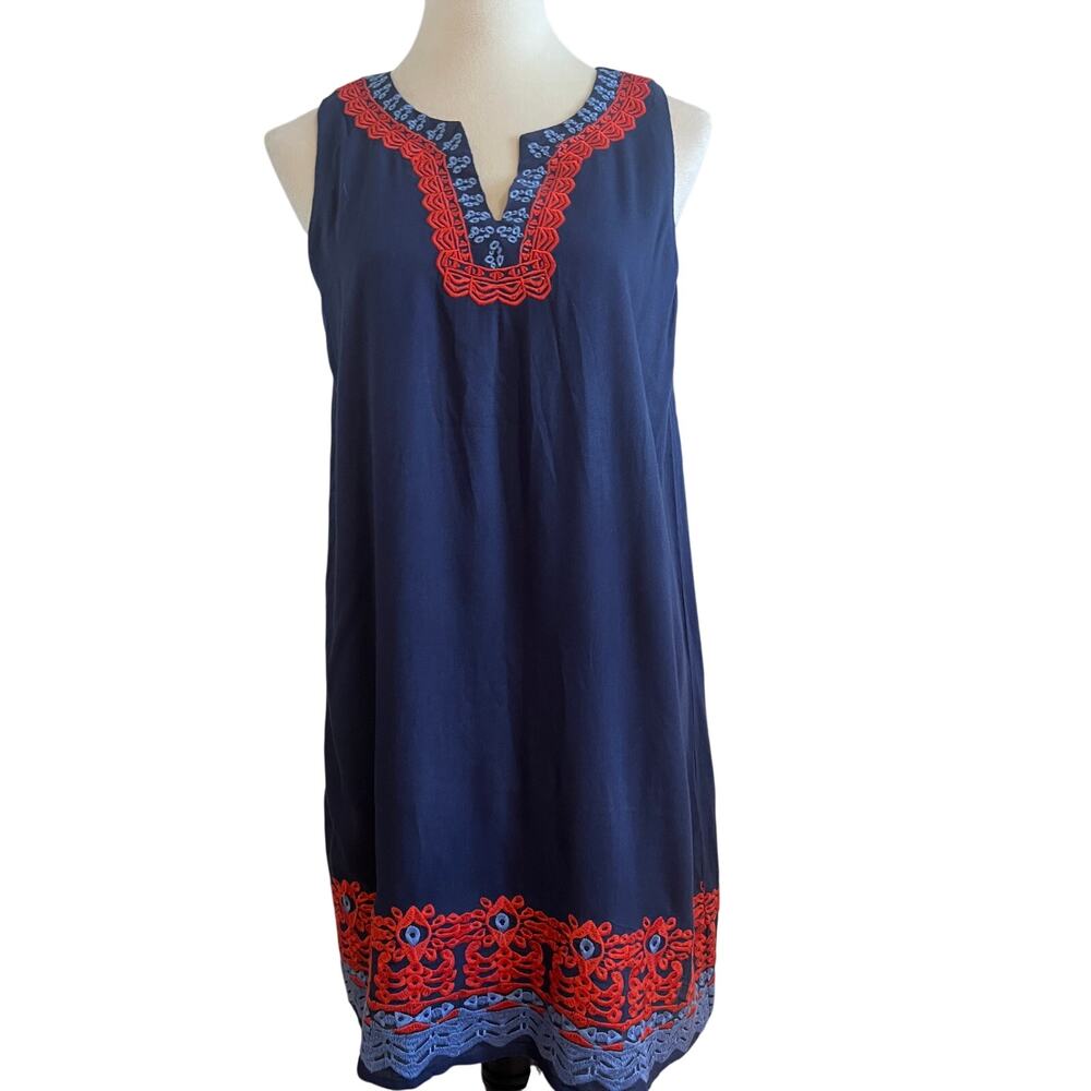 THML Navy Embroidered Boho Shift Dress Size Small Rayon